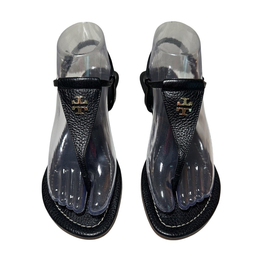 Tory Burch SIZE 7.5 Britton Black Leather Thong Wedge Sandals Cork Heels‎ Logo